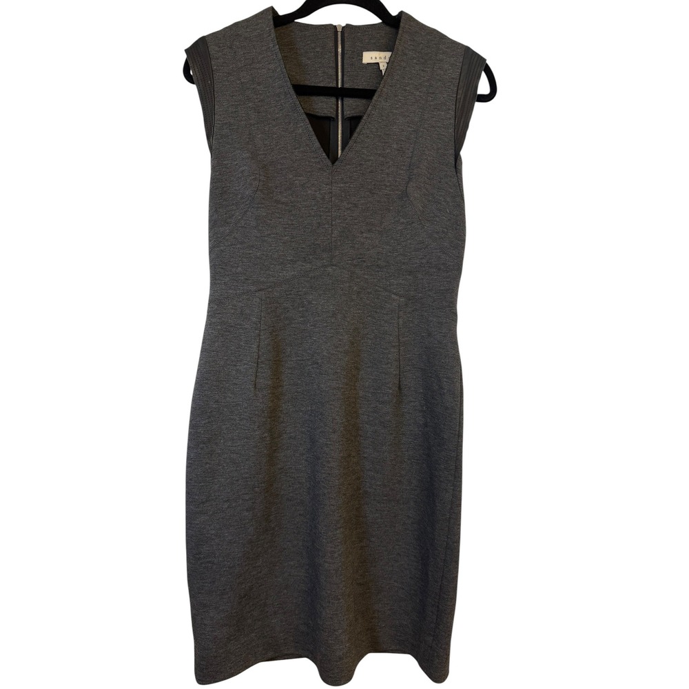 Sandro Paris Gray V-Neck Sheath Dress Leather Trim Shoulder Size 2